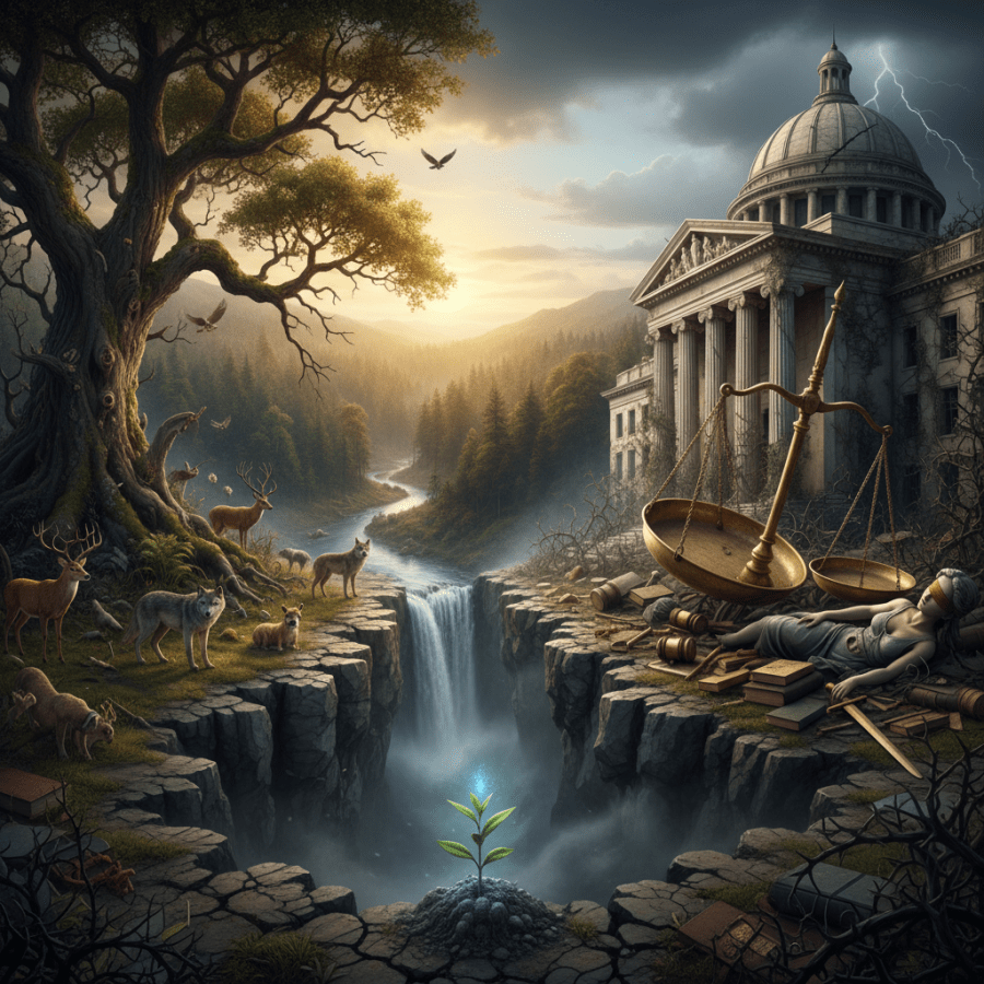 Chasm between nature and justice symbolism